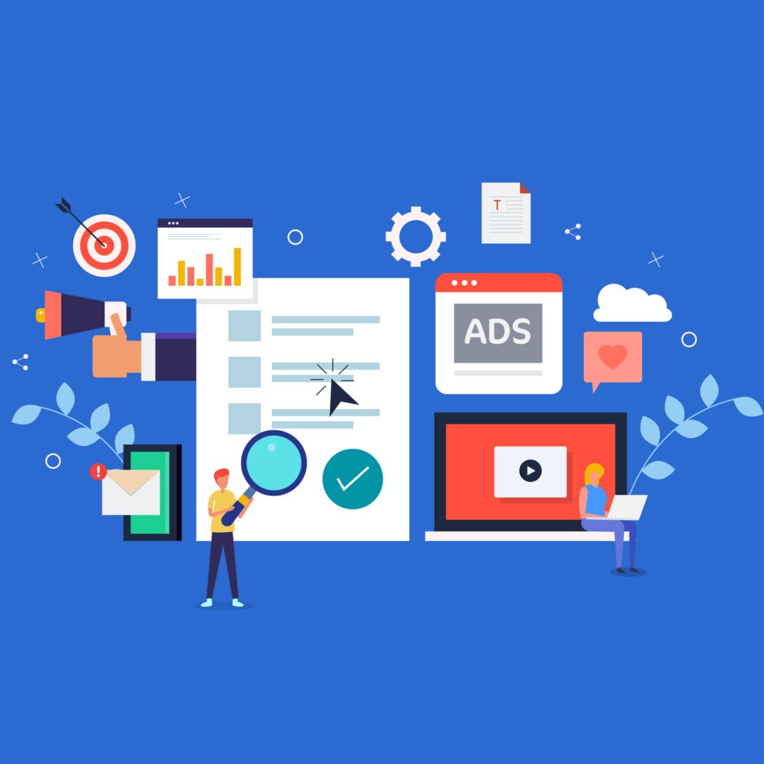 Marketing illustration with laptop, target, ads, and email